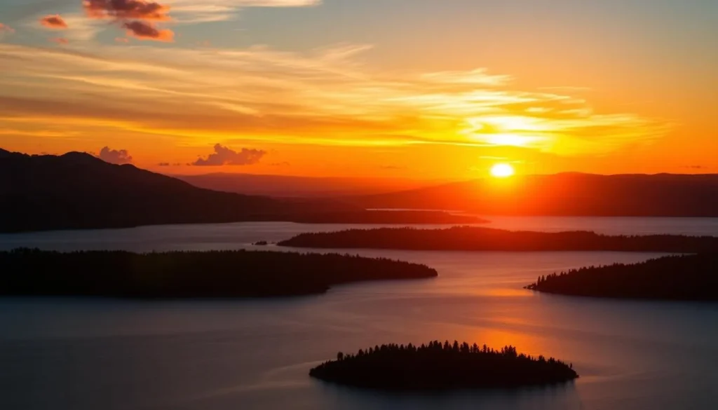 Sunset over Trinity Lake with silhouetted mountains in Trinity County California