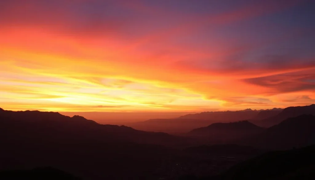 Sunset over Vilcabamba valley with mountains silhouetted against an orange and purple sky Sunset over Vilcabamba valley with mountains silhouetted against an orange and purple sky