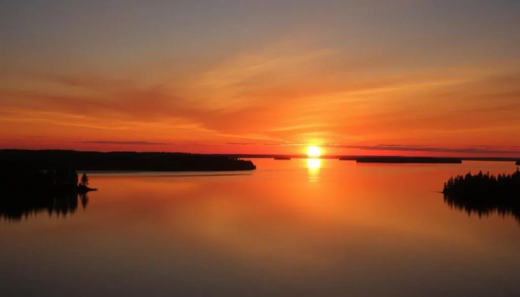 Sunset over Voyageurs National Park with silhouettes of pine trees and islands Sunset over Voyageurs National Park with silhouettes of pine trees and islands