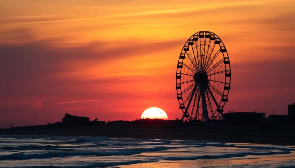 Sunset over Wildwood beach with silhouette of Ferris wheel Sunset over Wildwood beach with silhouette of Ferris wheel