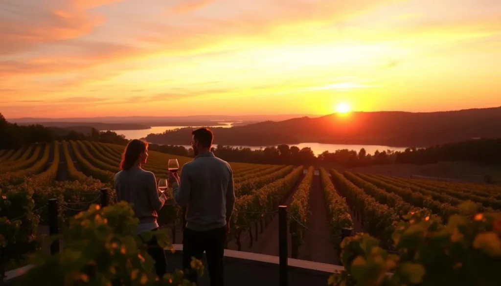 Sunset over a Finger Lakes vineyard with couples enjoying wine on a terrace Sunset over a Finger Lakes vineyard with couples enjoying wine on a terrace