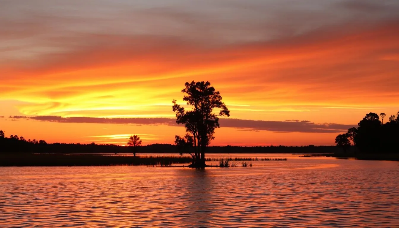 Sunset over a lake in Polk County Florida with cypress trees silhouetted against orange sky