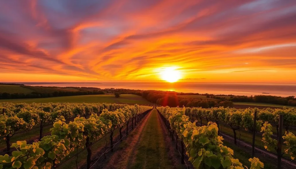 Sunset over a vineyard in Suffolk County with the Long Island Sound in the distance Sunset over a vineyard in Suffolk County with the Long Island Sound in the distance