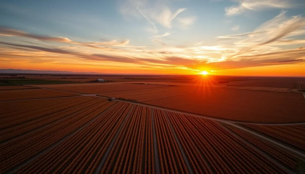 Sunset over agricultural fields in Kings County California with golden light Sunset over agricultural fields in Kings County California with golden light
