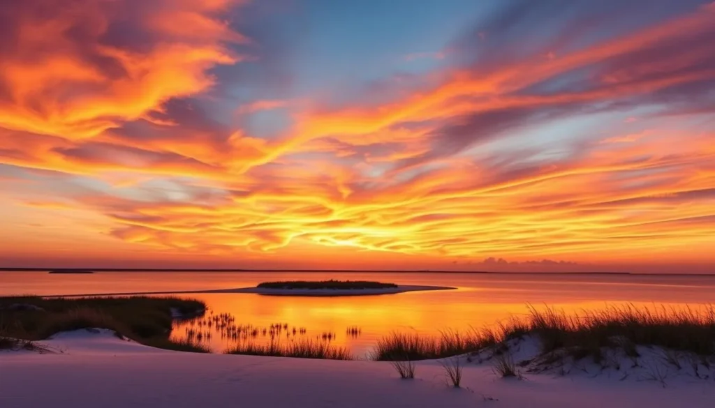 Sunset over coastal dune lake with beach access in Walton County Florida