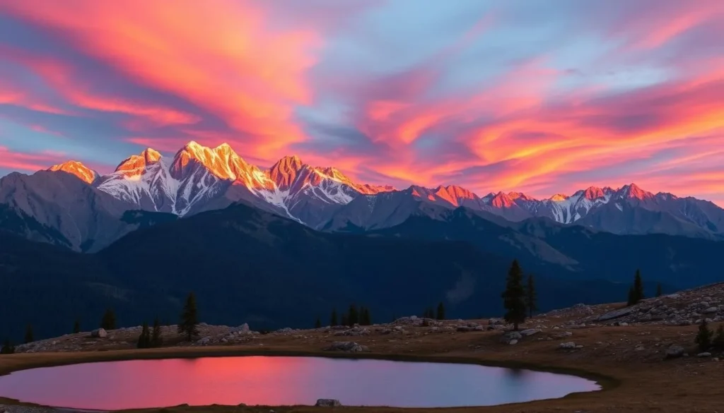 Sunset over mountains in Plumas County California with alpenglow