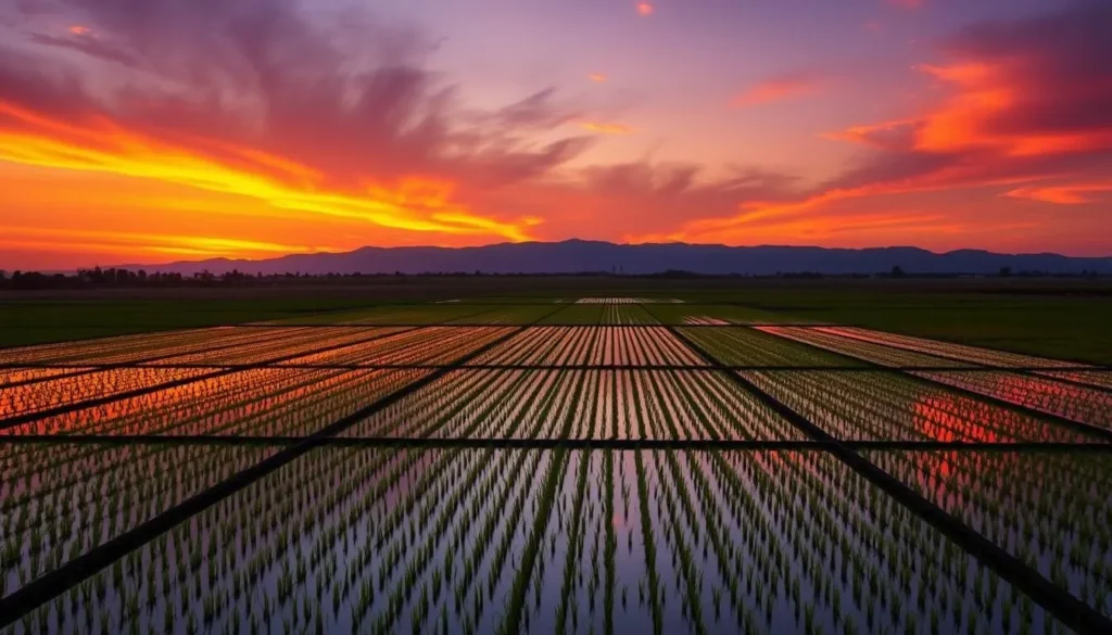 Sunset over rice fields in Glenn County with mountains in the distance Sunset over rice fields in Glenn County with mountains in the distance