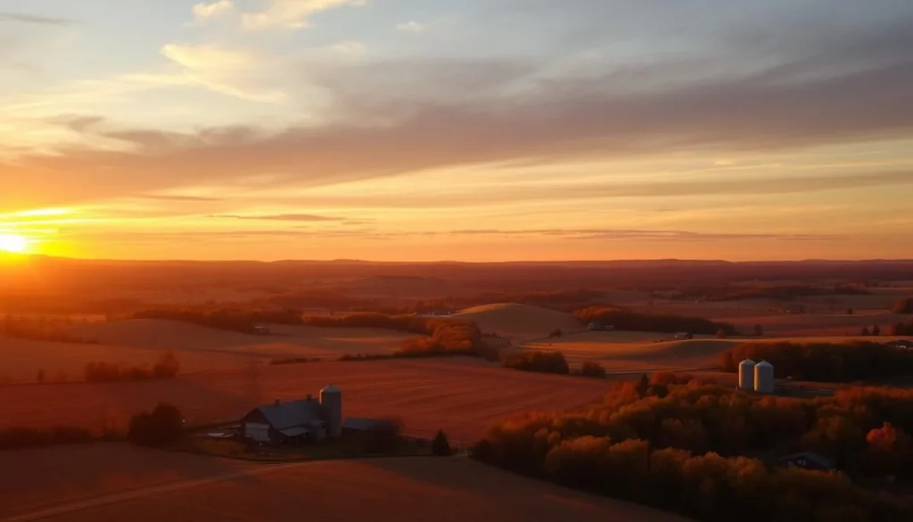 Sunset over rural Genesee County New York landscape with rolling hills, farms, and golden light Sunset over rural Genesee County New York landscape with rolling hills, farms, and golden light