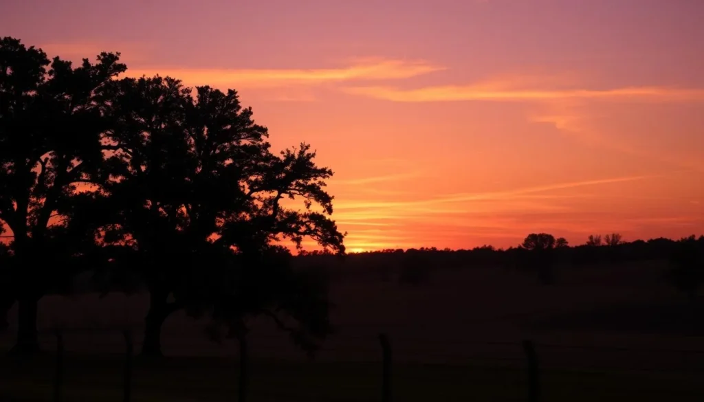 Sunset over rural Madison County Florida landscape with rolling hills and oak trees Sunset over rural Madison County Florida landscape with rolling hills and oak trees