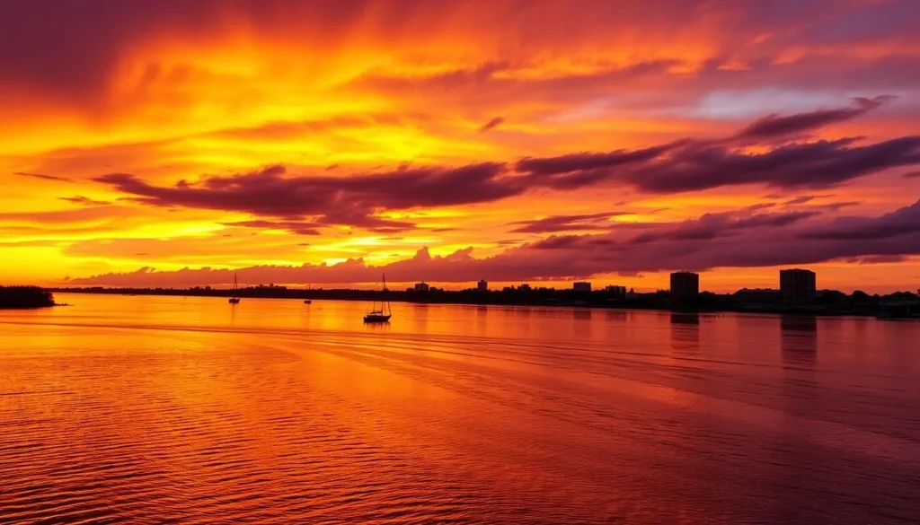 Sunset over the Cape Fear River with silhouettes of boats and the Wilmington North Carolina skyline Sunset over the Cape Fear River with silhouettes of boats and the Wilmington North Carolina skyline
