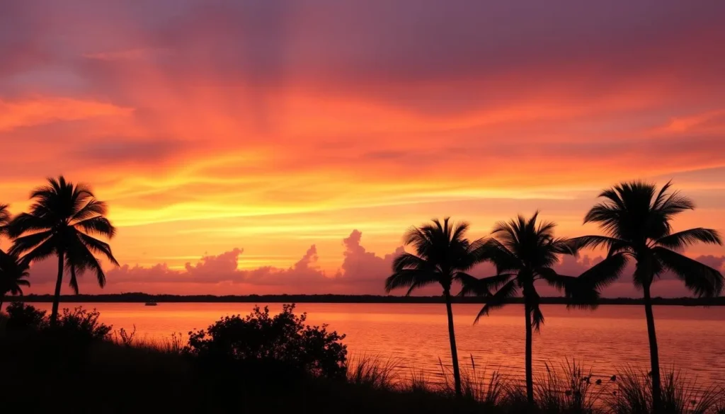 Sunset over the Indian River Lagoon in Martin County Florida with palm trees Sunset over the Indian River Lagoon in Martin County Florida with palm trees