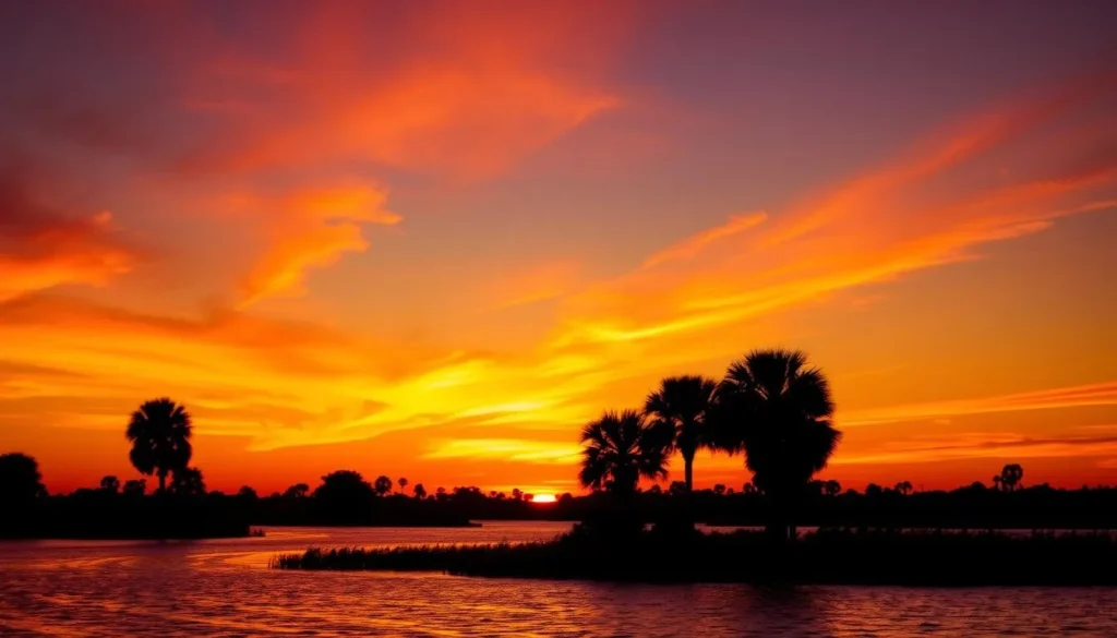 Sunset over the Indian River Lagoon with palm trees silhouetted Sunset over the Indian River Lagoon with palm trees silhouetted