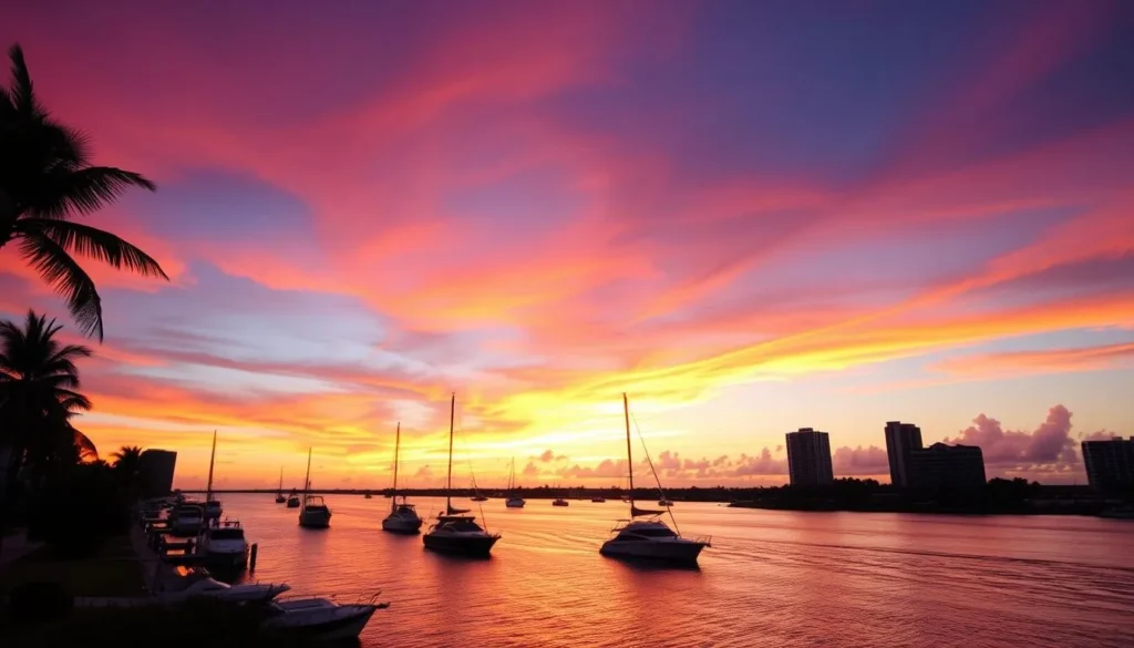 Sunset over the Intracoastal Waterway with boats and skyline in Fort Lauderdale, Broward County Florida Sunset over the Intracoastal Waterway with boats and skyline in Fort Lauderdale, Broward County Florida