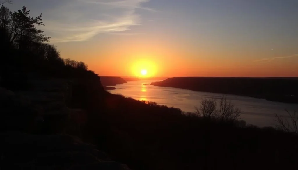 Sunset over the Mississippi River from a Marquette Iowa overlook with dramatic bluffs Sunset over the Mississippi River from a Marquette Iowa overlook with dramatic bluffs