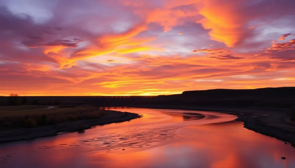 Sunset over the Missouri River in Great Falls Montana with silhouette of Ryan Dam Sunset over the Missouri River in Great Falls Montana with silhouette of Ryan Dam