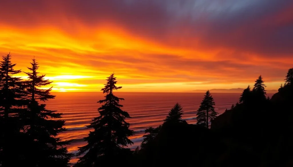 Sunset over the Pacific Ocean from a Humboldt County coastal viewpoint with dramatic colors and silhouetted redwoods Sunset over the Pacific Ocean from a Humboldt County coastal viewpoint with dramatic colors and silhouetted redwoods