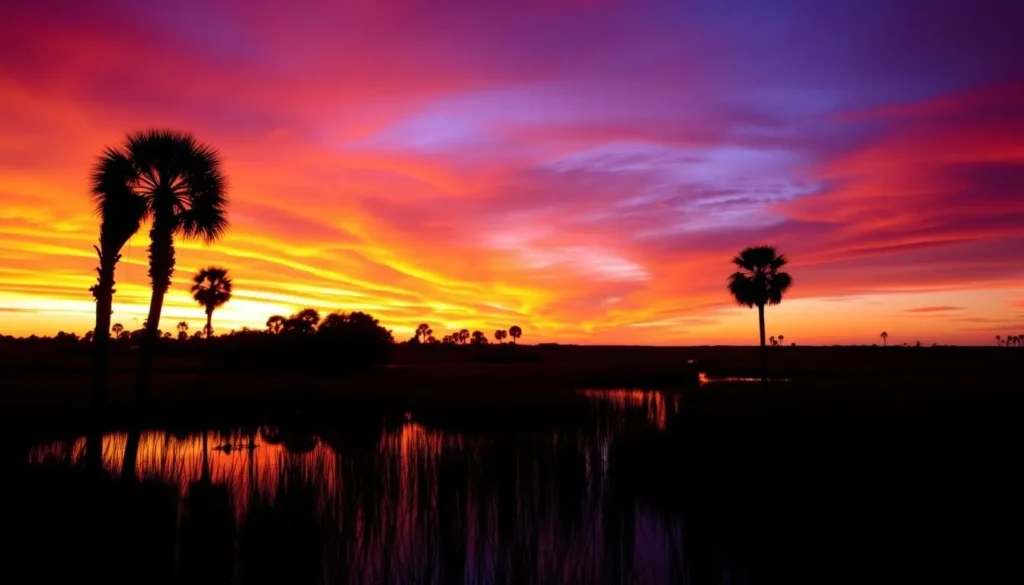 Sunset over the Pawleys Island marsh with silhouettes of palm trees
