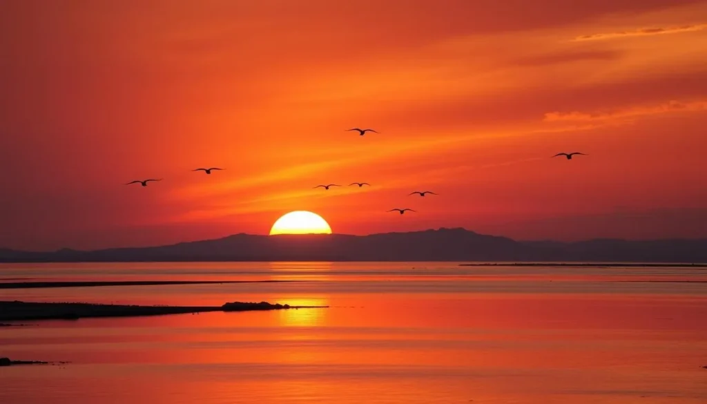 Sunset over the Salton Sea in Imperial County California with birds flying Sunset over the Salton Sea in Imperial County California with birds flying