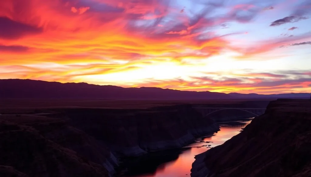 Sunset over the Snake River Canyon with Perrine Bridge silhouette in Twin Falls Idaho