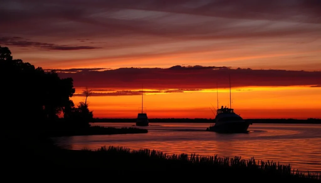 Sunset over the St. Johns River in Putnam County with boaters returning to shore Sunset over the St. Johns River in Putnam County with boaters returning to shore