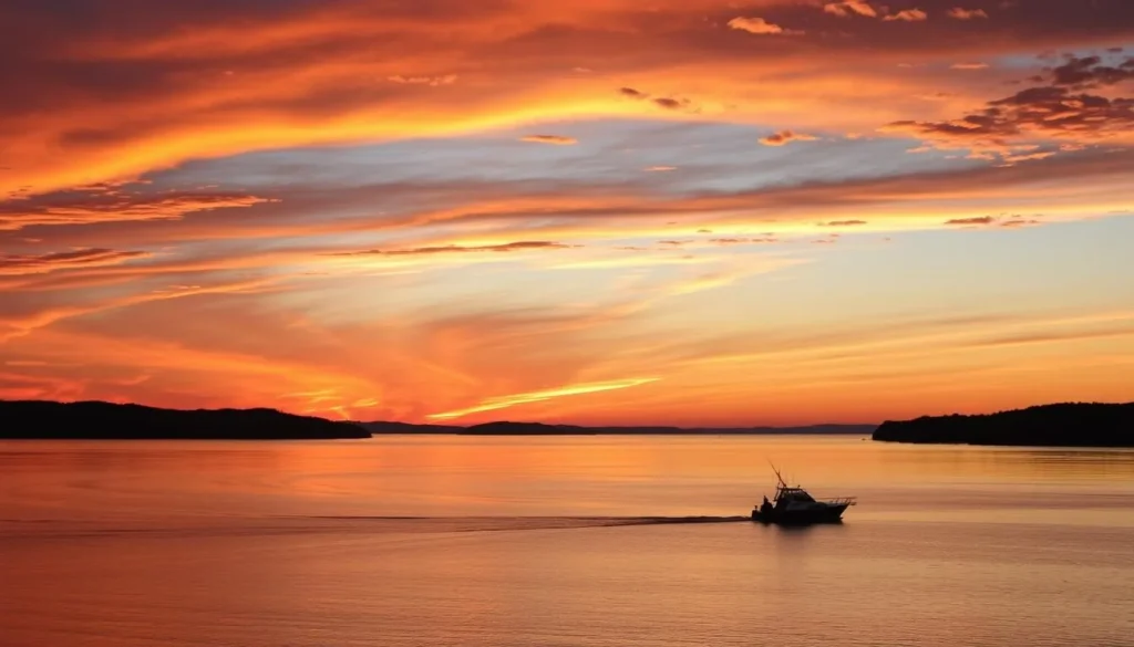 Sunset over the St. Lawrence River in Jefferson County, New York with silhouettes of islands Sunset over the St. Lawrence River in Jefferson County, New York with silhouettes of islands
