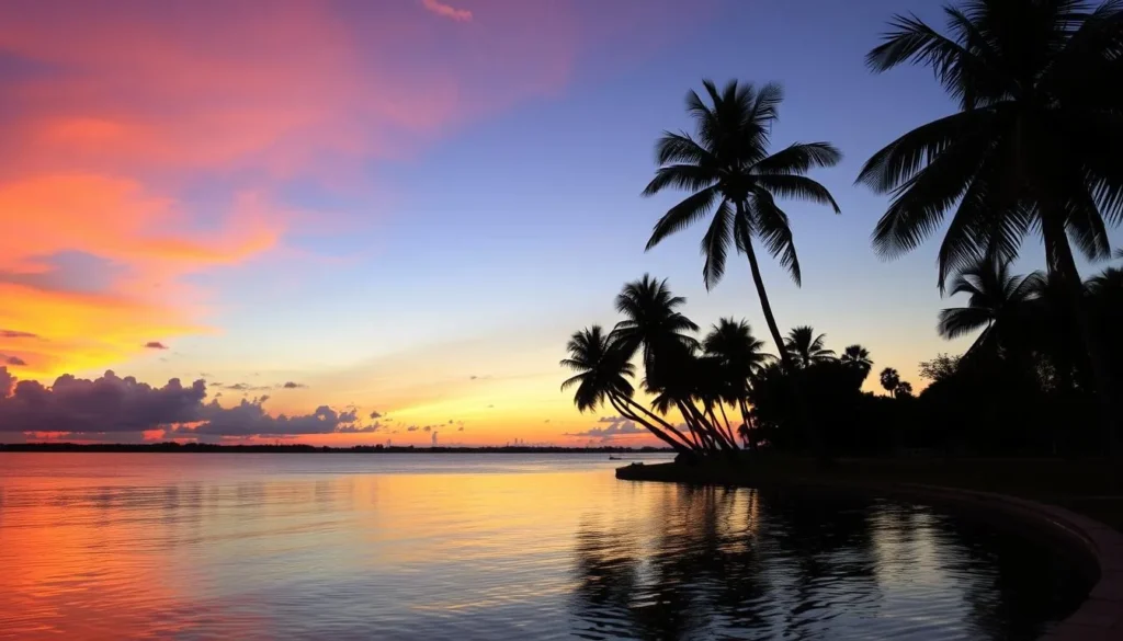 Sunset over the St. Lucie River with palm trees silhouetted against an orange sky Sunset over the St. Lucie River with palm trees silhouetted against an orange sky