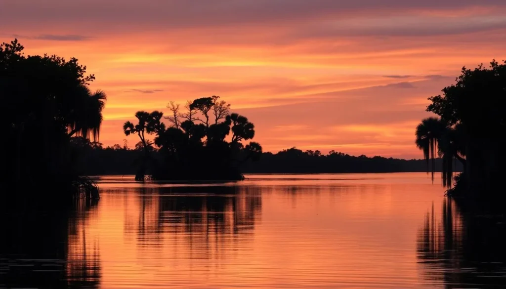 Sunset over the Suwannee River in Gilchrist County with cypress trees silhouetted Sunset over the Suwannee River in Gilchrist County with cypress trees silhouetted