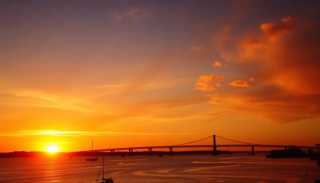 Sunset over the York River with sailboats and the Coleman Bridge in the distance Sunset over the York River with sailboats and the Coleman Bridge in the distance