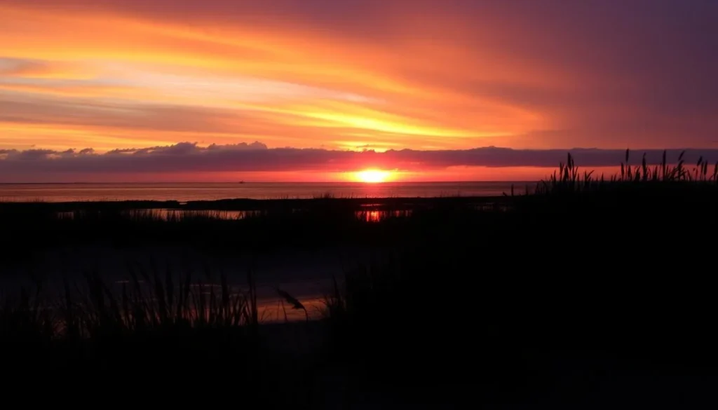 Sunset over the bay at Delaware Seashore State Park with silhouettes of beach grasses Sunset over the bay at Delaware Seashore State Park with silhouettes of beach grasses