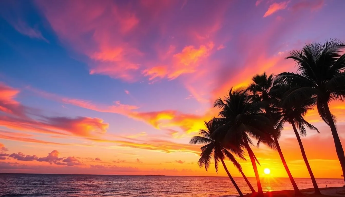 Sunset over the coastal waters of Pasco County, Florida with palm trees silhouetted against an orange and purple sky