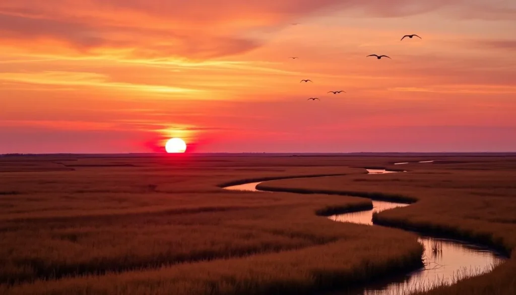 Sunset over the salt marsh on Little St. Simons Island with silhouettes of birds flying home to roost Sunset over the salt marsh on Little St. Simons Island with silhouettes of birds flying home to roost