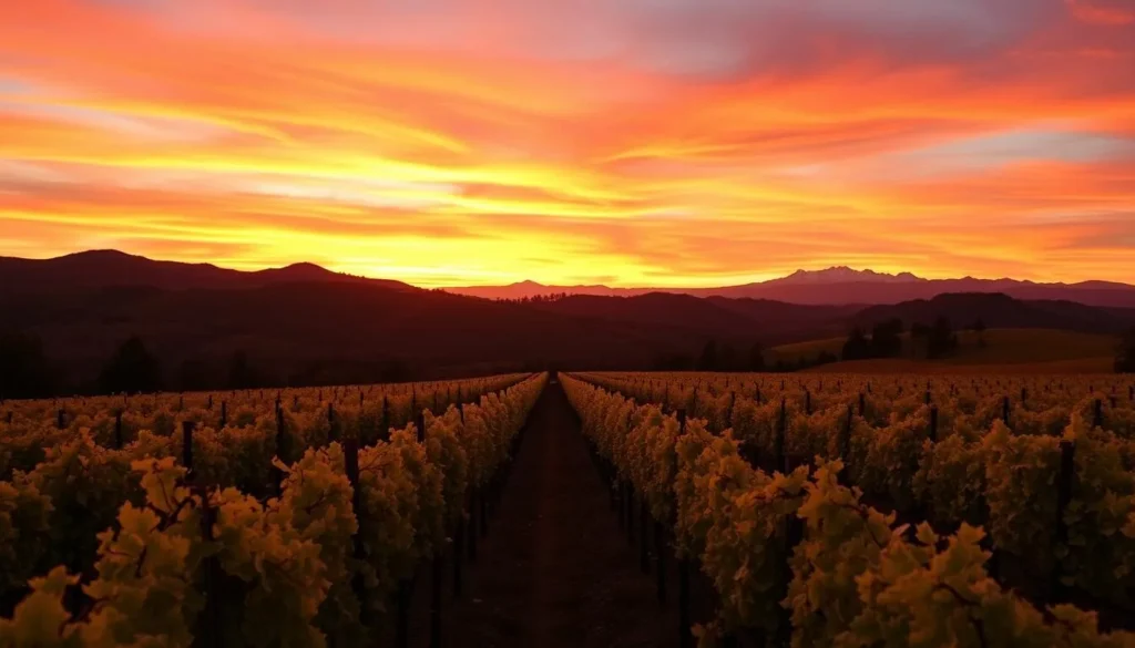Sunset over vineyards and mountains in El Dorado County California Sunset over vineyards and mountains in El Dorado County California