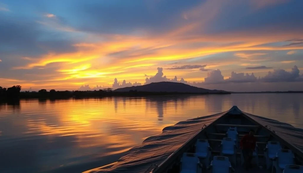 Sunset river cruise on the Tuek Chhu River, with the sky changing colors over the water