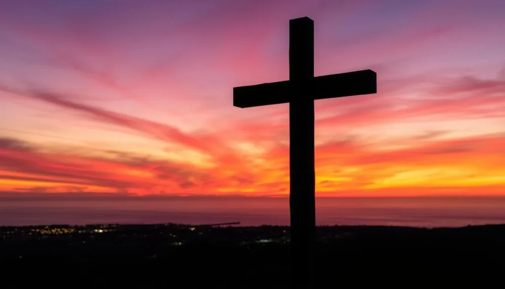 Sunset silhouette of Serra Cross at Grant Park with panoramic views of Ventura coastline and Pacific Ocean Sunset silhouette of Serra Cross at Grant Park with panoramic views of Ventura coastline and Pacific Ocean