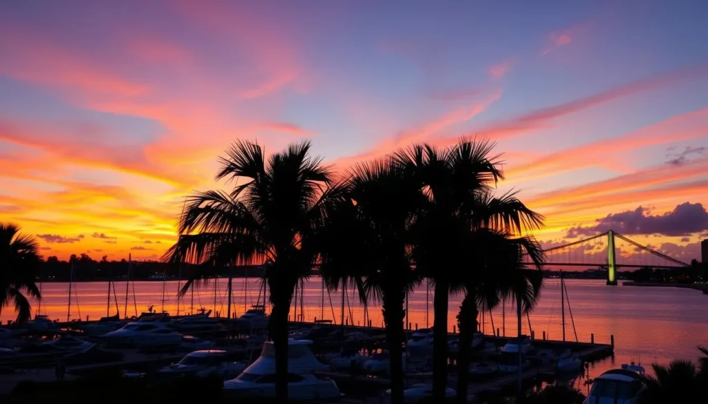Sunset view from Bayfront Park in downtown Sarasota with marina and Ringling Bridge Sunset view from Bayfront Park in downtown Sarasota with marina and Ringling Bridge