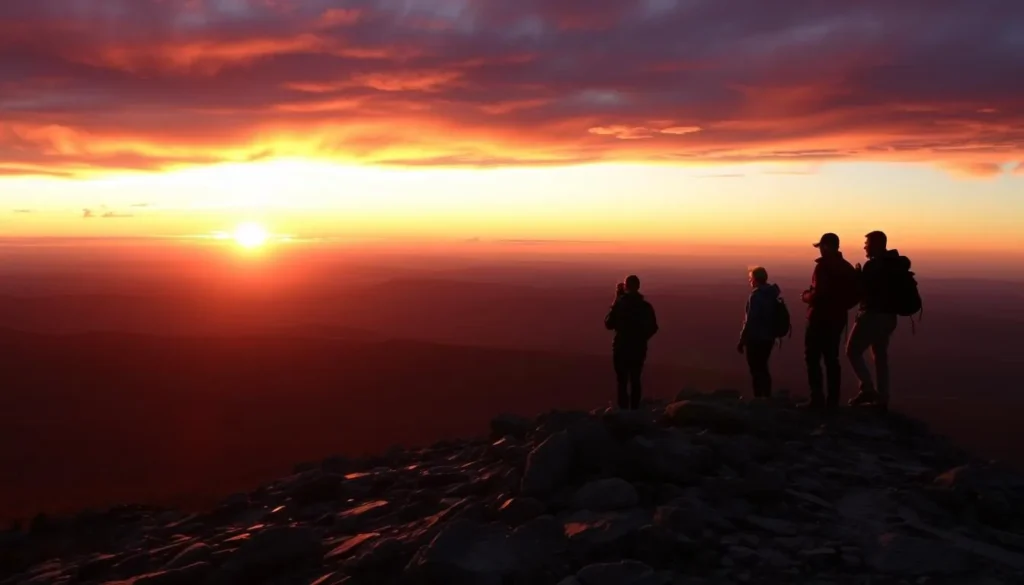 Sunset view from Mount Monadnock summit with hikers silhouetted against the colorful sky Sunset view from Mount Monadnock summit with hikers silhouetted against the colorful sky