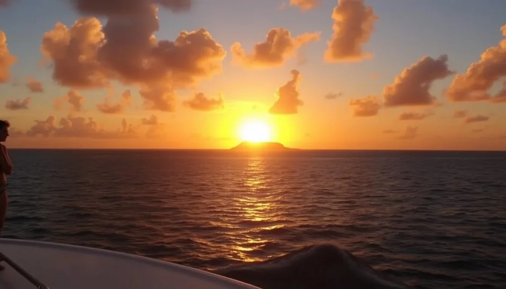 Sunset view from boat departing Prickly Pear Island, Anguilla Sunset view from boat departing Prickly Pear Island, Anguilla
