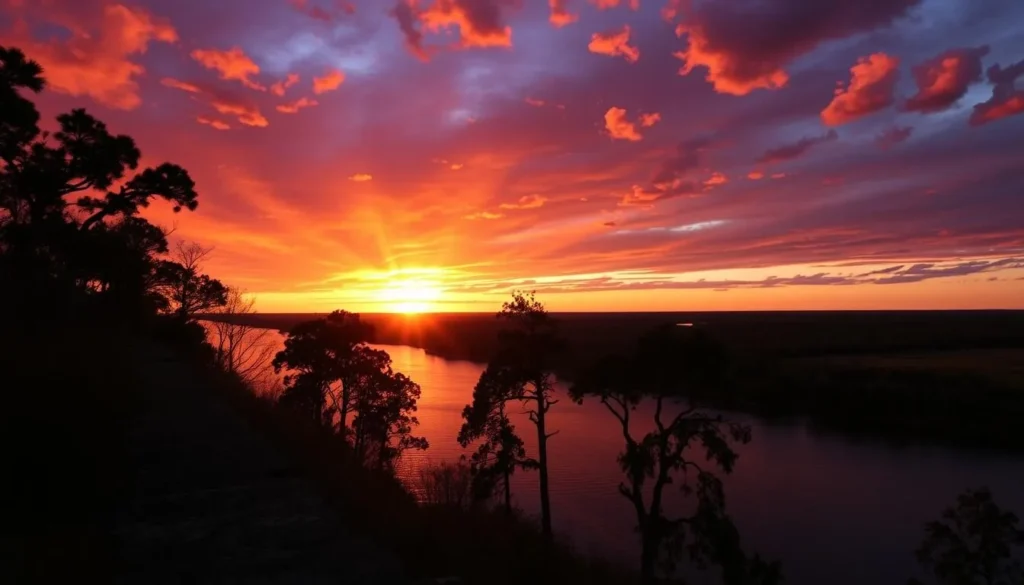 Sunset view from river bluffs in Liberty County Florida overlooking Apalachicola River Sunset view from river bluffs in Liberty County Florida overlooking Apalachicola River