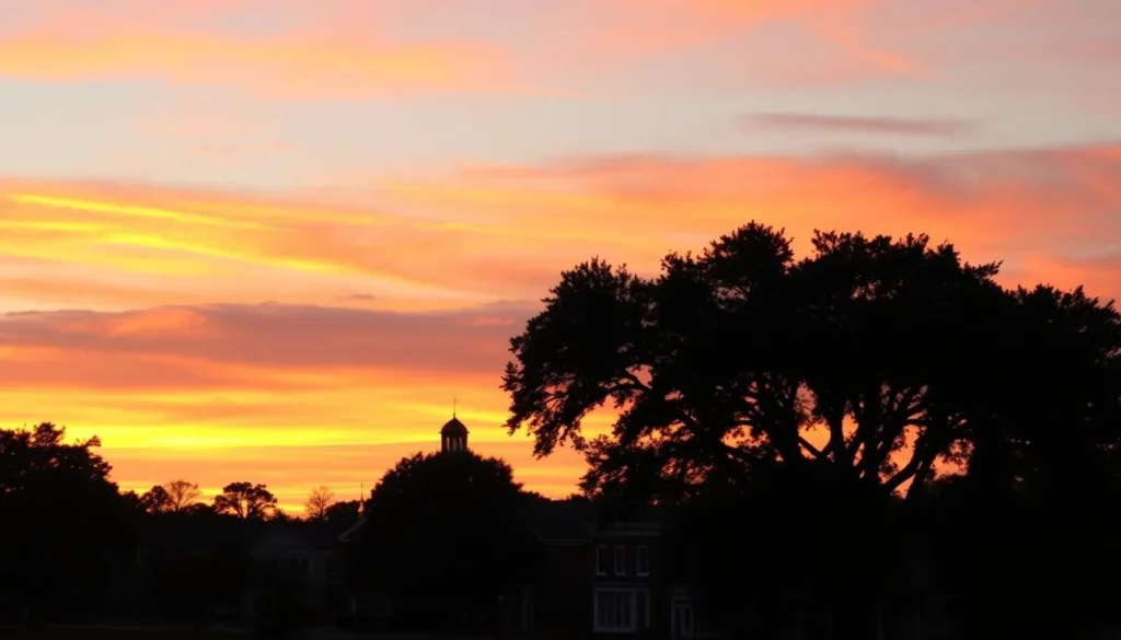 Sunset view of Aiken's skyline with historic buildings and oak trees silhouetted against an orange sky Sunset view of Aiken's skyline with historic buildings and oak trees silhouetted against an orange sky