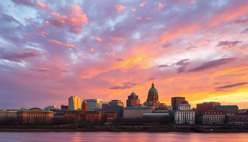 Sunset view of Albany skyline with the Hudson River in the foreground, capturing the city's blend of historic and modern architecture Sunset view of Albany skyline with the Hudson River in the foreground, capturing the city's blend of historic and modern architecture