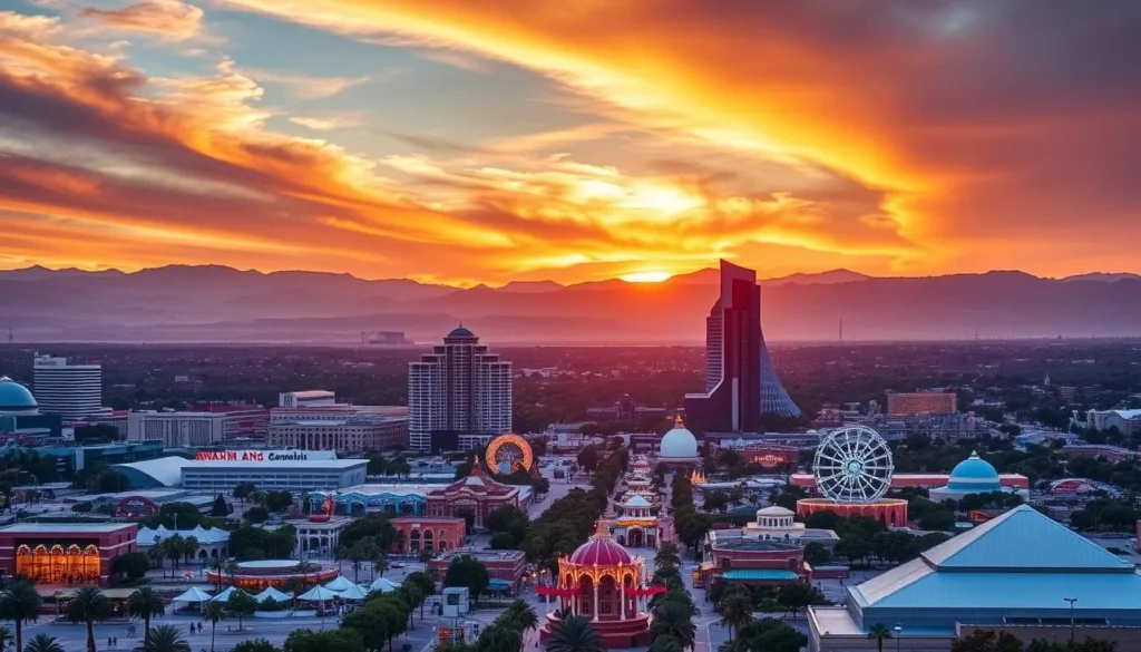 Sunset view of Anaheim California skyline with theme parks and mountains Sunset view of Anaheim California skyline with theme parks and mountains