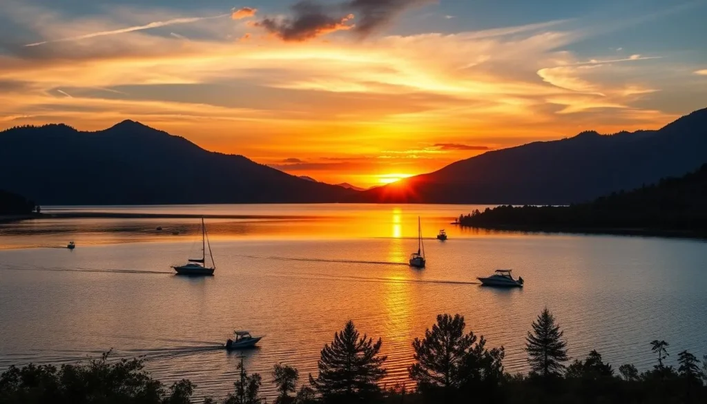Sunset view of Bass Lake with boats and mountains in Madera County, California Sunset view of Bass Lake with boats and mountains in Madera County, California