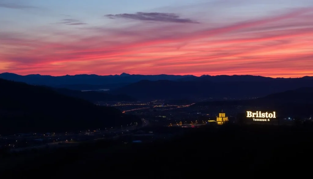 Sunset view of Bristol with the city lights beginning to twinkle and mountains in background