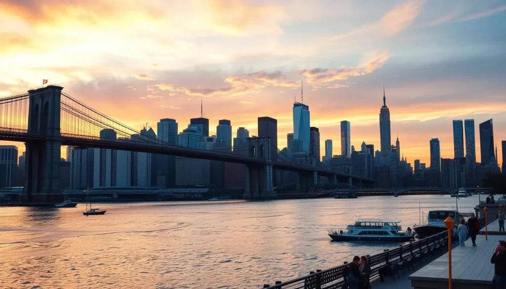 Sunset view of Brooklyn and Manhattan skyline from Brooklyn Heights Promenade Sunset view of Brooklyn and Manhattan skyline from Brooklyn Heights Promenade