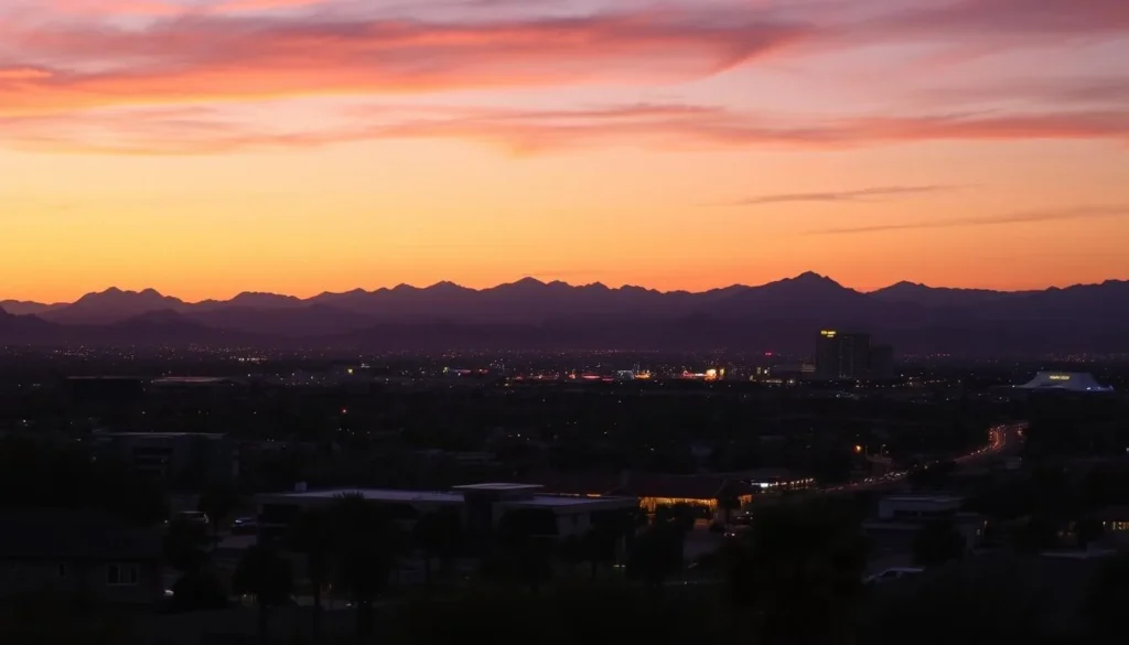 Sunset view of Chandler Arizona skyline with mountains in background Sunset view of Chandler Arizona skyline with mountains in background