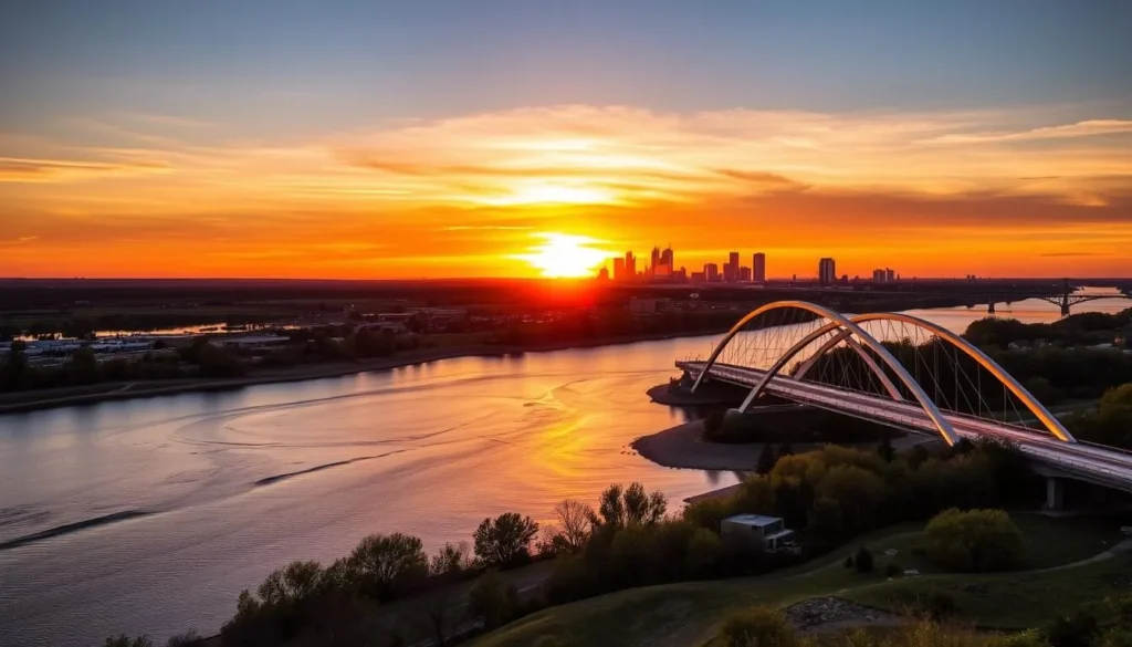 Sunset view of Council Bluffs skyline with the Missouri River and Bob Kerrey Pedestrian Bridge Sunset view of Council Bluffs skyline with the Missouri River and Bob Kerrey Pedestrian Bridge