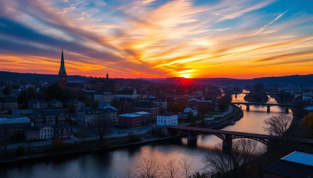 Sunset view of Easton Pennsylvania skyline with rivers and historic buildings Sunset view of Easton Pennsylvania skyline with rivers and historic buildings