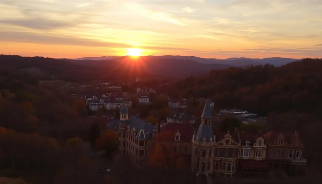 Sunset view of Eureka Springs Arkansas from a lookout point, a perfect end to a day of things to do Sunset view of Eureka Springs Arkansas from a lookout point, a perfect end to a day of things to do