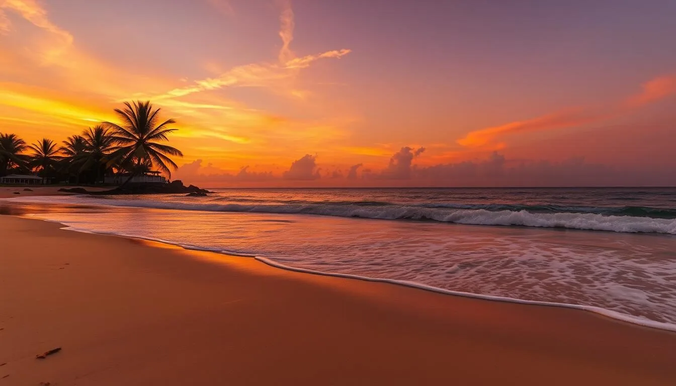 Sunset view of Fort Myers Beach in Lee County, Florida with palm trees and golden sand