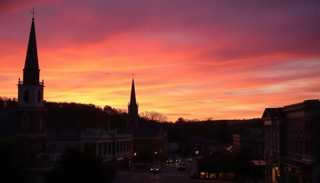 Sunset view of Franklin's historic downtown with its church steeples and historic buildings silhouetted against a colorful sky Sunset view of Franklin's historic downtown with its church steeples and historic buildings silhouetted against a colorful sky